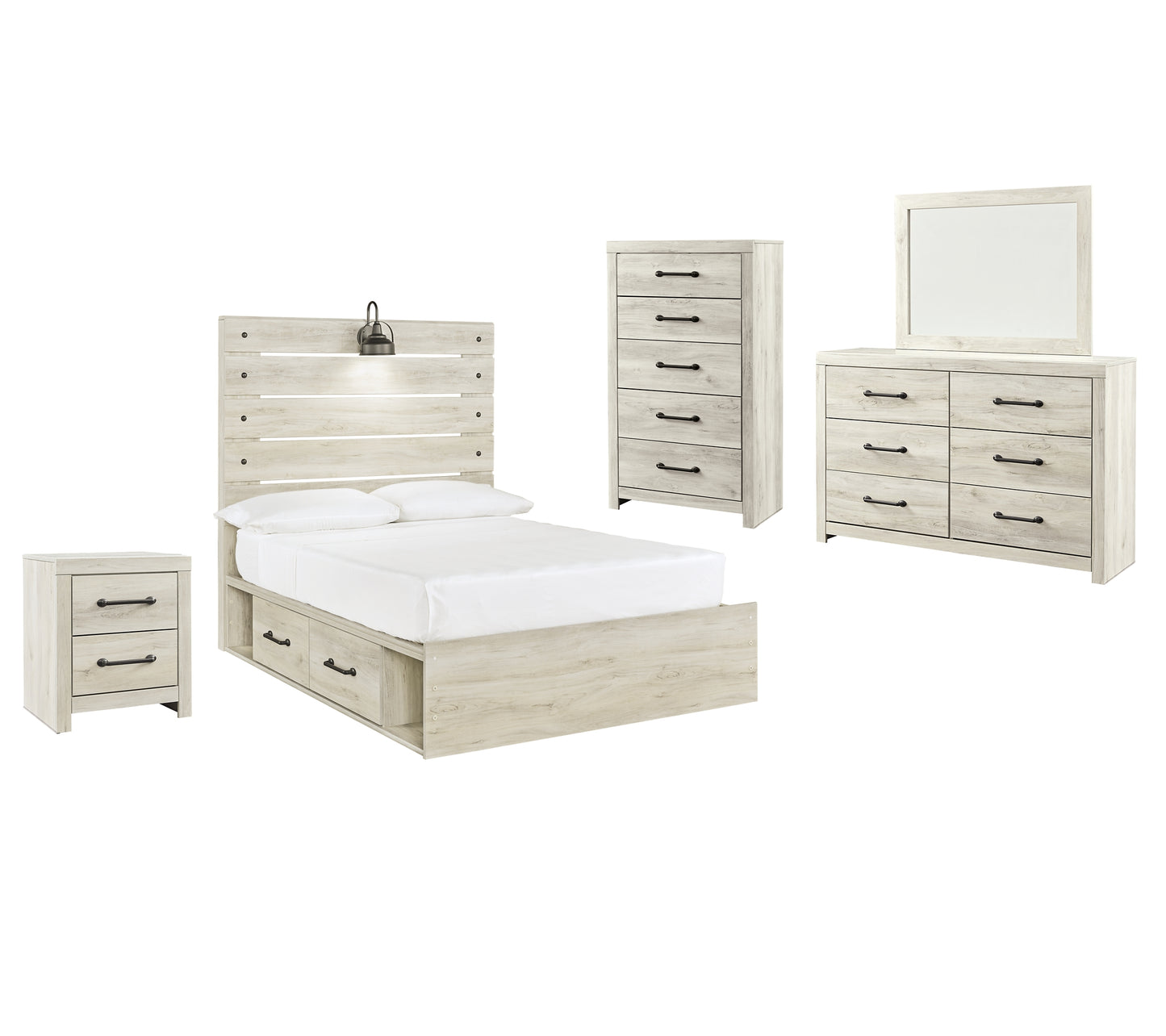 Cambeck Panel Bed With 2 Storage Drawers With Mirrored Dresser, Chest And Nightstand