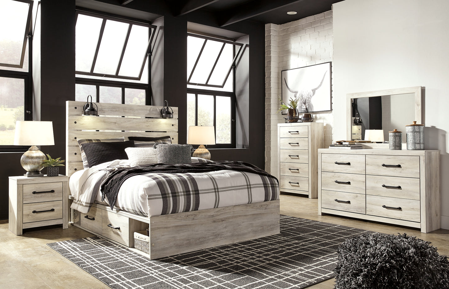 Cambeck Panel Bed With 2 Storage Drawers With Mirrored Dresser, Chest And Nightstand