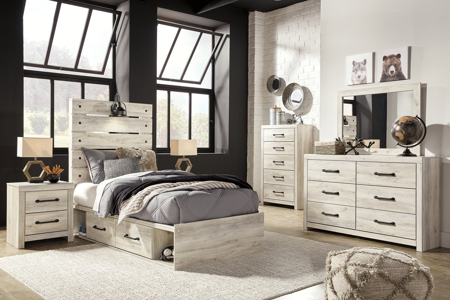 Cambeck Panel Bed With 2 Storage Drawers With Mirrored Dresser, Chest And Nightstand