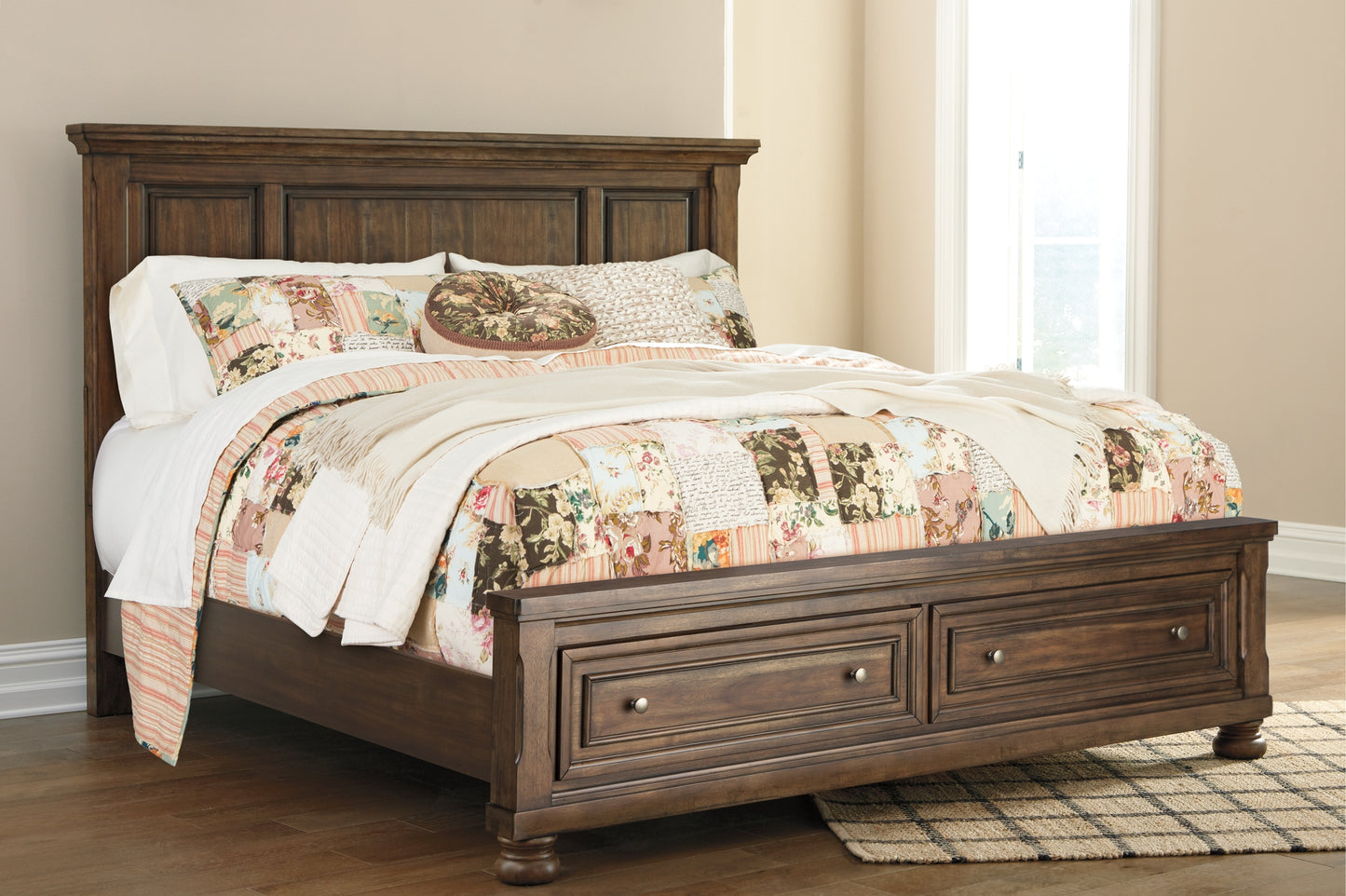 Flynnter Panel Bed With 2 Storage Drawers With Mirrored Dresser And Chest