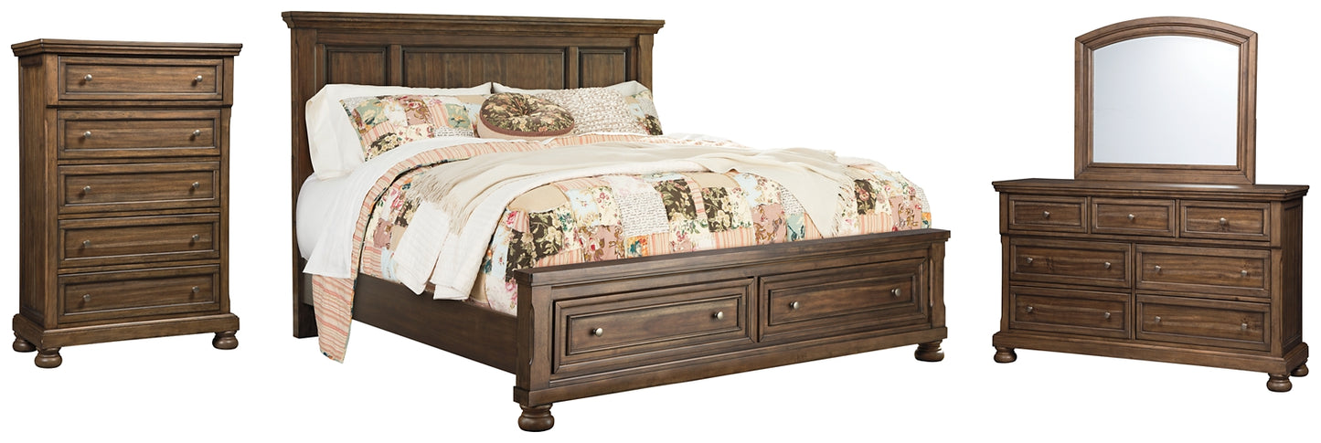 Flynnter Panel Bed With 2 Storage Drawers With Mirrored Dresser And Chest