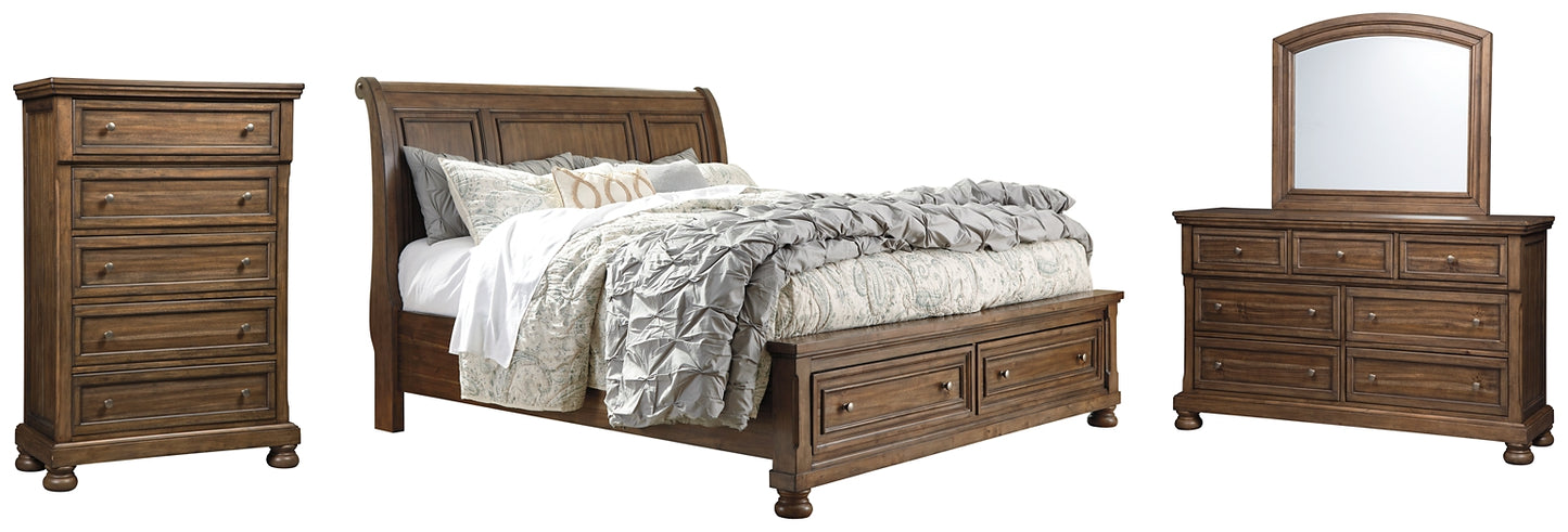 Flynnter  Sleigh Bed With 2 Storage Drawers With Mirrored Dresser And Chest