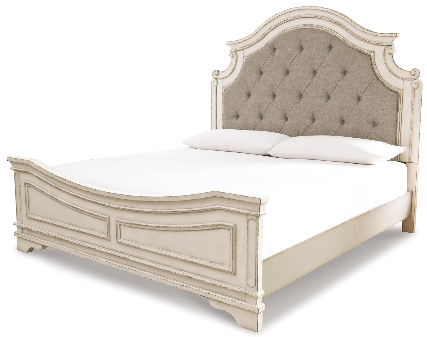 Realyn  Upholstered Panel Bed With Mirrored Dresser And Chest