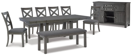Myshanna Dining Table and 6 Chairs and Bench with Storage